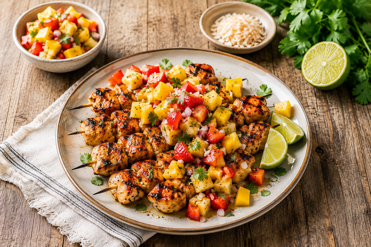 Honey-Glazed Chicken Skewers with Mango-Pineapple Salsa